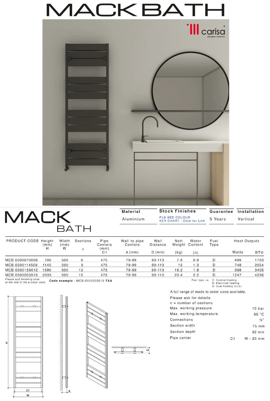carisa radiator mack bath datasheet information technical data
