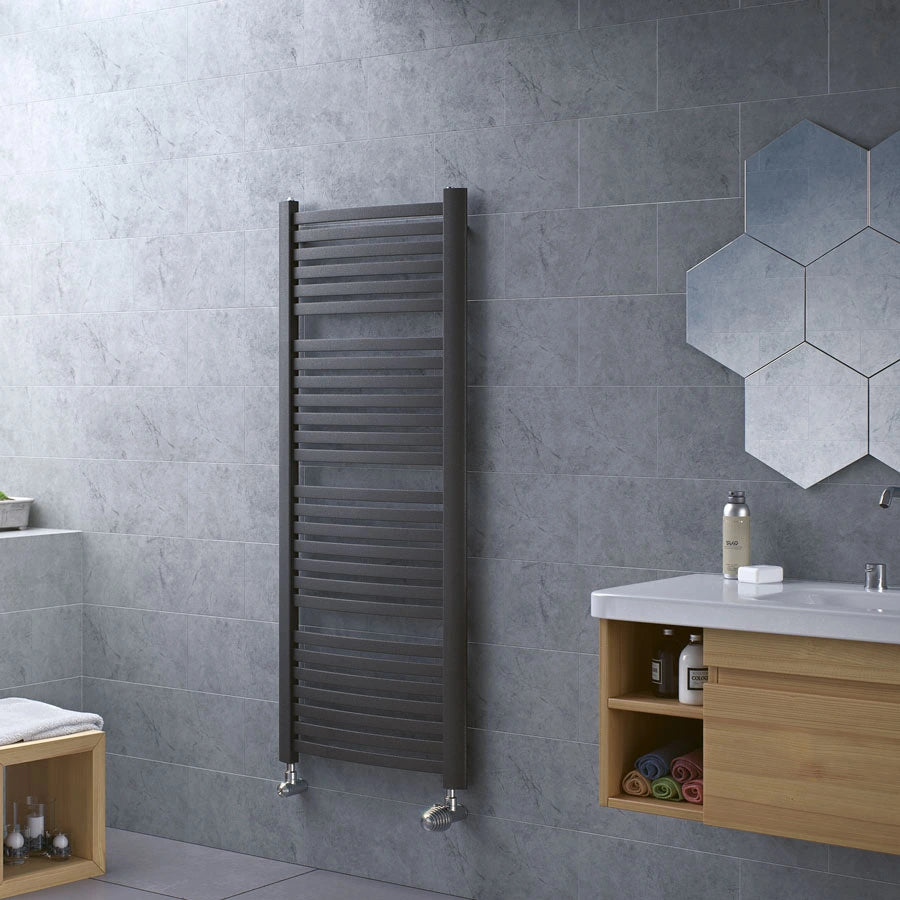 anthracite designer towel radiator fino in a bathroom space size 1395mm x 580mm