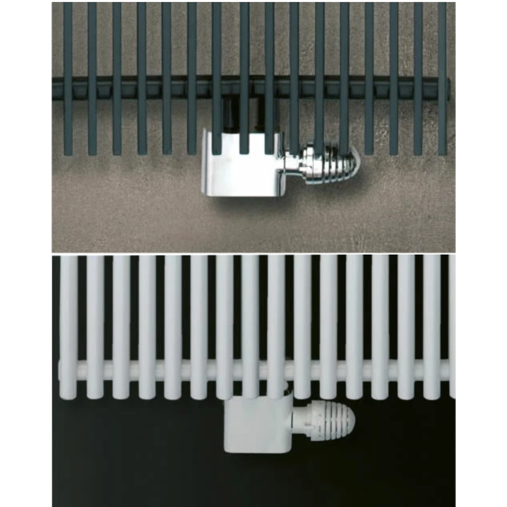 Eucotherm Angled Central Radiator Valve white and chrome shown on radiator