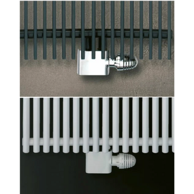 Eucotherm Angled Central Radiator Valve white and chrome shown on radiator