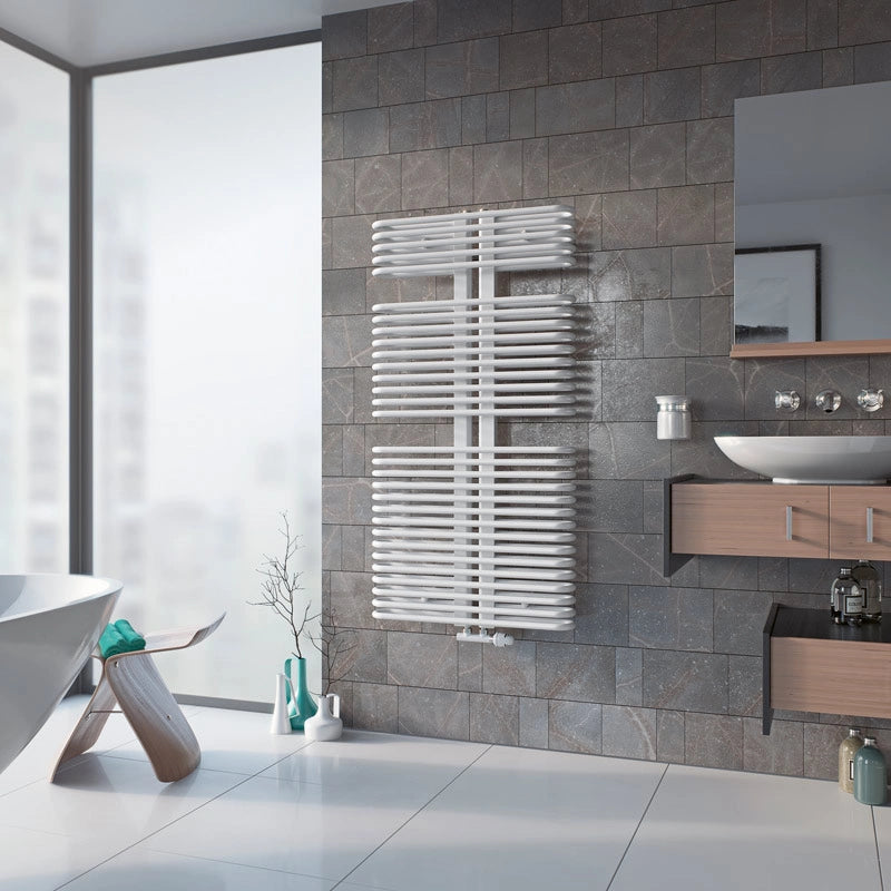 Eucotherm Helios designer heated towel rail in bathroom space mild steel in white colour