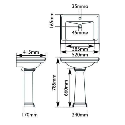 Hurlingham Highgate Basin Ceramic Bathroom Wash Basins Small 785x520mm specification