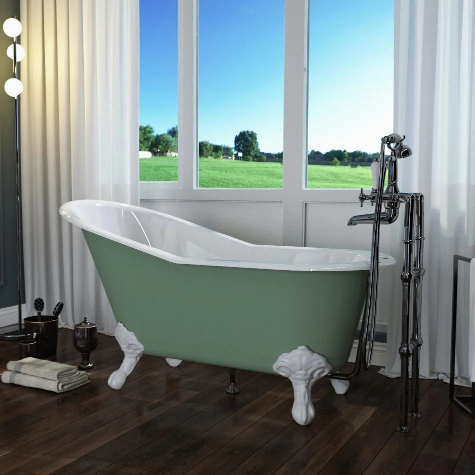 Hurlingham Marlow Freestanding Cast Iron Bath, Roll Top Painted Slipper Bath With Feet 1700x810mm, green bath, enamel white inner