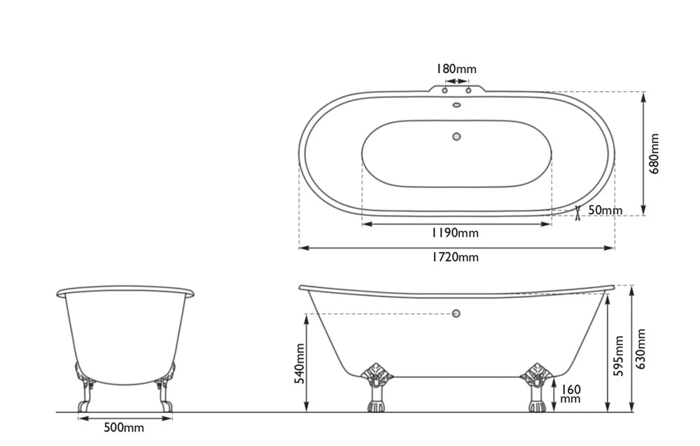 Hurlingham Prior Freestanding Cast Iron Bath, Roll Top Painted Bath With Feet 1720x680mm, drawing