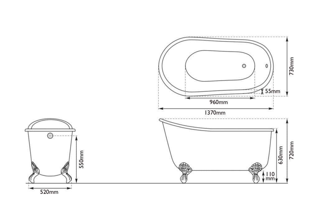 Hurlingham Shelley Slipper Small Cast Iron Bath, Roll Top Painted Small 1370x730mm, drawing