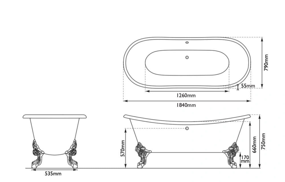 Hurlingham Tebb Freestanding Cast Iron Bath, Painted Roll Top With Feet, 1840x780mm, drawing