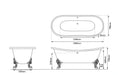 Hurlingham Tebb Freestanding Cast Iron Bath, Painted Roll Top With Feet, 1840x780mm, drawing
