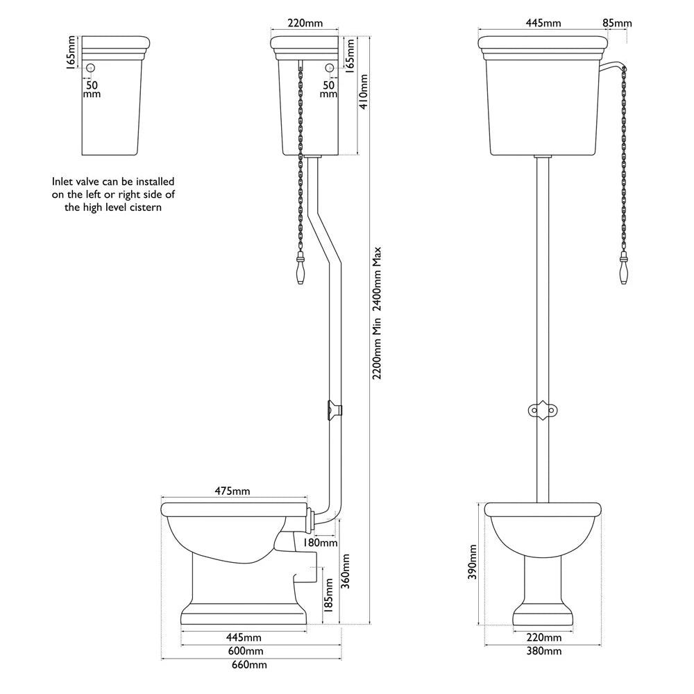 Hurlingham Hampton High Level WC Traditional Toilet, Cistern & Pan specification drawing